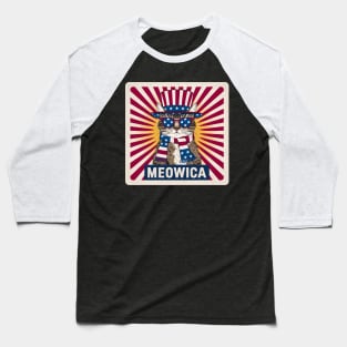 Meowica 4th of July American Flag Cat Funny Baseball T-Shirt